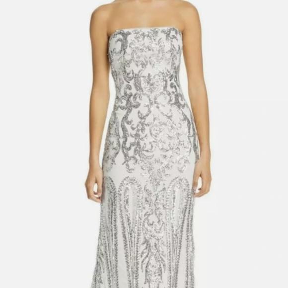 NEW AQUA White Silver Sequined Embellished Strapless Maxi Gown Dress #A20590 - Picture 2 of 8